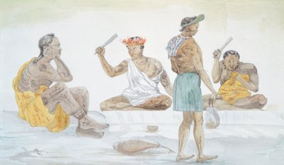 Tahitische Tuchschläger, von LF Lejeune aus der Reise von Louis I Duperrey, Polynesien 19. Jahrhundert Aquarell von French School