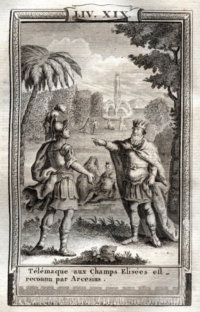 Telemachus in den Champs Élysées wird von Arcesius erkannt - Gravur von 1798 nach Monnet in „Les Aventures de Télémaque, fils d