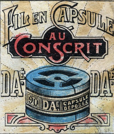 Textil, Leinen. Kapsel zur Verwendung von Dae-Nähfäden. Gravur. Epinal-Bildgebung Ende des 19. Jahrhunderts von French School