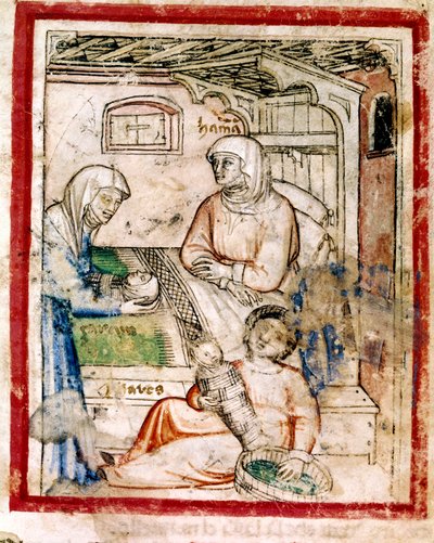 Thamar (Tamar) gebiert zwei Zwillinge, Perets und Zerah, Söhne von Juda, Miniatur aus Codex 212 (oder Padovano Codice oder Bibel von Padua), 1390-1400 von French School