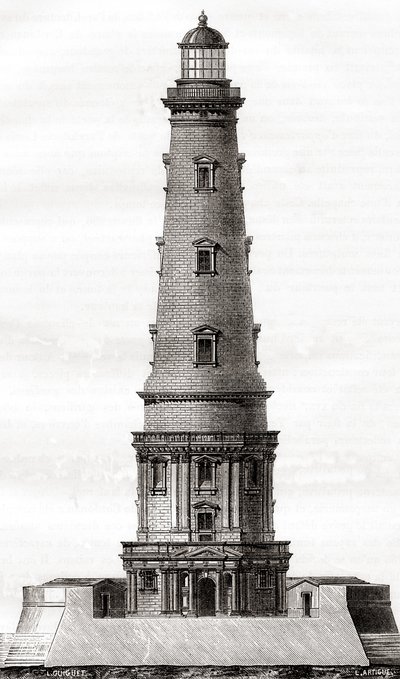 Der Leuchtturm von Cordouan aus dem 17. Jahrhundert, nahe der Mündung der Gironde-Mündung in Frankreich, hier nach seiner Erweiterung im 18. Jahrhundert, aus Les Merveilles de la Science, veröffentlicht um 1870 (Gravur) von French School