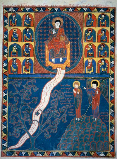 Der Engel zeigt Johannes den Fluss des Lebens, der vom Thron Gottes ausgeht und den Baum des Lebens Miniatur aus den Kommentaren zur „Offenbarung des Johannes“ geschrieben 775 von dem Mönch Beatus von Liebana von French School