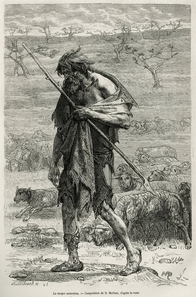 Der australische Schäfer, graviert nach einer Zeichnung von D. Maillart zur Illustration der Geschichte „Sechs Monate in Australien“ von Désiré Charnay, einer Mission des Ministeriums für öffentliche Bildung, im Jahr 1878, veröffentlicht in Le Tour du mond von French School