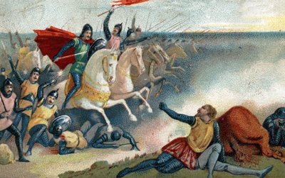 Die Schlacht von Hastings am 14.10.1066 zwischen den Sachsen von Harold II. und der normannischen Armee (Wilhelm I. der Eroberer). Chromolithographie aus dem späten 19. Jahrhundert. von French School