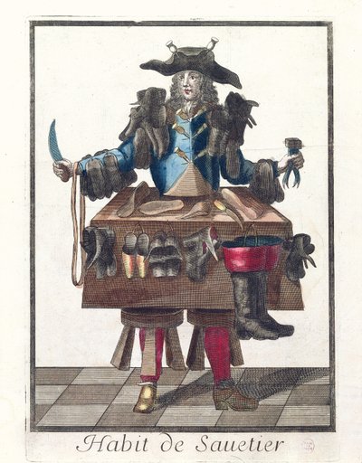 Der Schuster, ein allegorisches Kostümdesign, nach einem Bild, das von einem Mitglied der Familie Larmessin graviert wurde, ca. 1640-84 von French School