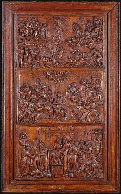 Das Credo, Tafel III: Das Jüngste Gericht, Pfingsten und die Gemeinschaft der Heiligen, 1587 (Holz) von French School