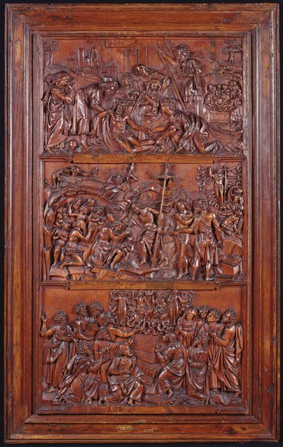 Das Credo, Tafel II: Abnahme vom Kreuz, Grablegung, Auferstehung und Abstieg in die Unterwelt und Himmelfahrt, 1587 (Holz) von French School