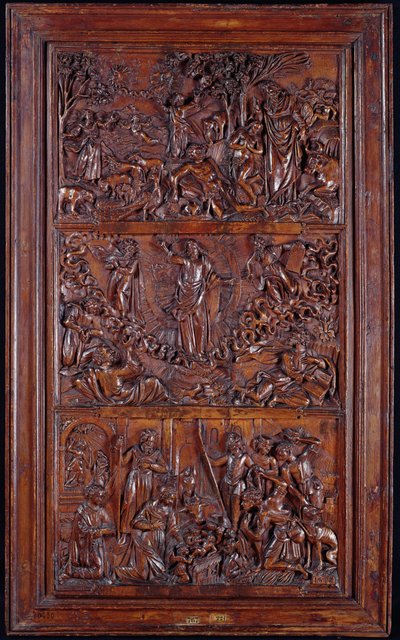 Das Credo, Tafel I: Die Erschaffung der Welt, Verklärung, Verkündigung und Geburt Christi, 1587 (Holz) von French School