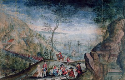 Die Ausschiffung von 50 Soldaten des Karrer Schweizer Regiments in Louisbourg auf der Insel Cap-Breton, zwischen 1722-33 von French School