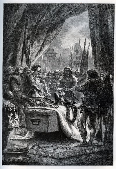 Der englische Gouverneur von Châteauneuf-de-Randon (Châteauneuf-de-Randon, Auvergne) ergab sich und legte die Schlüssel der Stadt auf den Sarg von Bertrand du Guesclin (1320-1380), am 13. Juli 1380, vor dem die Stadt belagert wurde. Der Konnetabel starb von French School