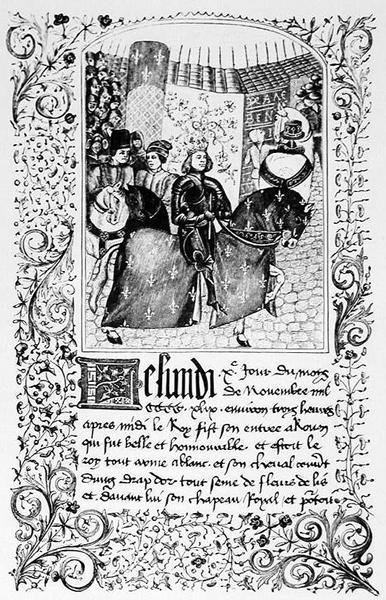 Der Einzug von Karl VII. (1403-61) in Rouen im Jahr 1450, aus einem Manuskript, das den Bericht über den Hundertjährigen Krieg enthält, Illustration aus Wissenschaft und Literatur im Mittelalter und der Renaissance von French School