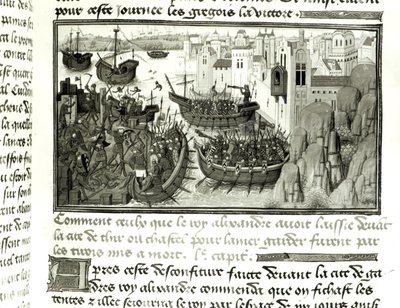 Der erste Angriff auf Tyrus, aus der Histoire du Grand Alexandre 1460 von French School