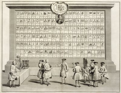 Die Freimaurer, mit Zeichen für die verschiedenen Logen, aus Die Zeremonien der Religion und des Brauchtums, um 1733 von French School