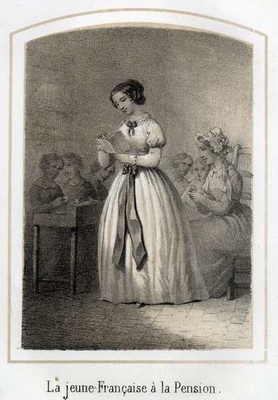 Das französische Mädchen liest ihren Klassenkameraden vor. Anonyme Gravur des 19. Jahrhunderts von French School