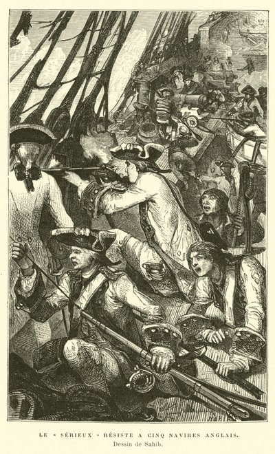 Das französische Kriegsschiff Serieux wehrt einen Angriff von fünf britischen Schiffen ab von French School