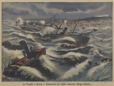 Der deutsche Dampfer Berger-Wilhelm läuft bei einem Sturm vor Bizerte, Tunesien, auf Grund (Farblithografie) von French School