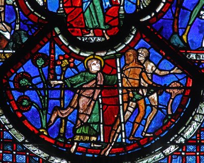 Das Fenster des barmherzigen Samariters: Adam und Eva werden von einem Engel mit einem Schwert aus dem Paradies vertrieben von French School