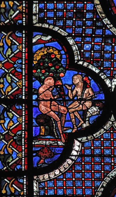 Das Fenster des barmherzigen Samariters: Adam und Eva unter dem Baum der Erkenntnis von Gut und Böse von French School