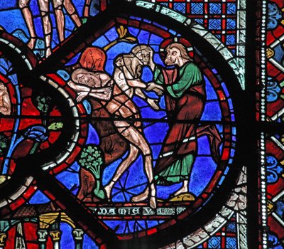 Das Fenster des barmherzigen Samariters: Gott erschafft die Frau aus der Rippe des schlafenden Adam von French School