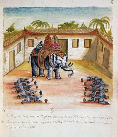 Der König von Siam auf seinem Elefanten, aus einem Bericht der Jesuiten in Siam, 1688 von French School