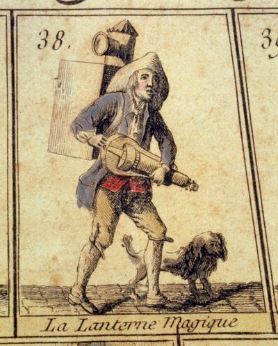 Die Laterna Magica Gerät für Lichtprojektionen. Detail eines Gänsespiels der Schreie und alten Berufe von Paris. 18. Jahrhundert Private Sammlung von French School