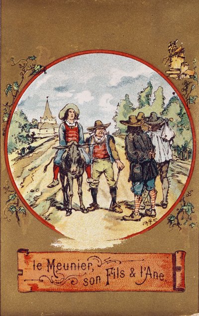 Der Müller, sein Sohn und der Esel, ca. 1880 (farbige Gravur) von French School