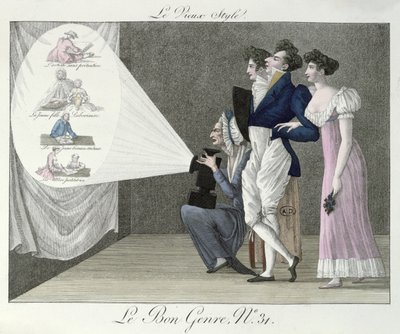 Der alte Stil, Betrachtung einer Projektion von Bildern des 18. Jahrhunderts aus einem Zauberlaternenfilm, Illustration aus 
