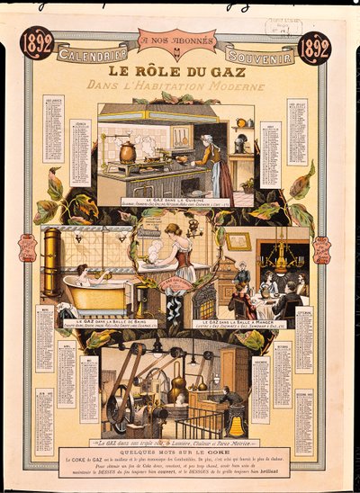 Die Rolle des Gases in modernen Häusern, aus einem Kalender einer französischen Gasgesellschaft, 1892 von French School