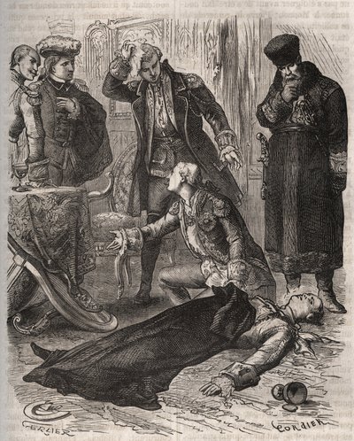 Der russische Kaiser Peter III. (1728-1762), dem eine Residenz zugewiesen wurde, wurde auf Befehl seiner Frau Katharina II., die ihn gerade gestürzt und die Macht übernommen hatte, von Alexei Orlov (1737-1808) und seinen Wachen am 17. Juli 1762 ermordet. G von French School