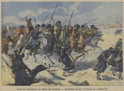 Der Russisch-Japanische Krieg: Kosaken überraschen eine japanische Patrouille bei einem Überfall nördlich von Gensan, Korea von French School