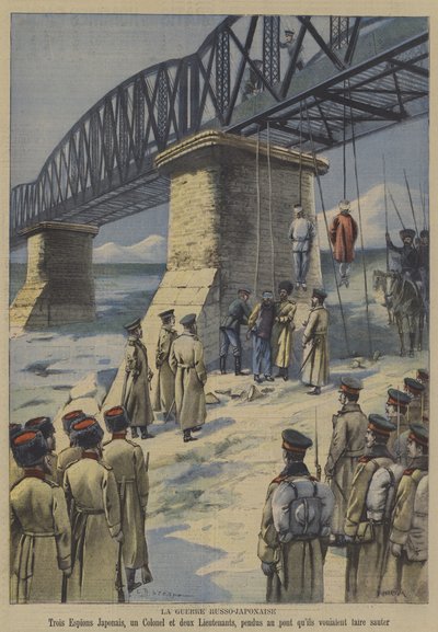 Der Russisch-Japanische Krieg: Russische Truppen hängen drei japanische Saboteure von der Brücke, die sie sprengen wollten von French School