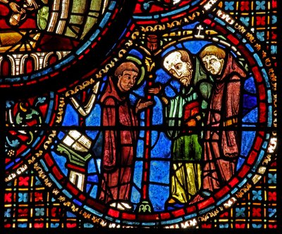 Das St. Lubin Fenster: Seine Meditationen werden von zwei Mönchen unterbrochen von French School