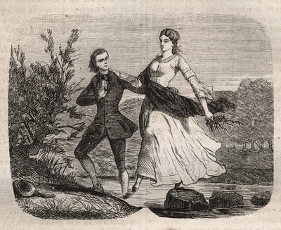 Der Schweizer Philosoph Jean Jacques (Jean-Jacques) Rousseau (1712-1778) half Mademoiselle Galley, einen Bach zu überqueren. Gravur von 1871 in „Histoire Des Cocus Celebres“ von Henry de Kock (1819-1892) von French School