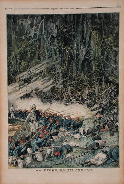 Die Einnahme von Thiassale, die Schlacht im unberührten Regenwald, Illustration aus Le Petit Journal, 26. August 1893 von French School