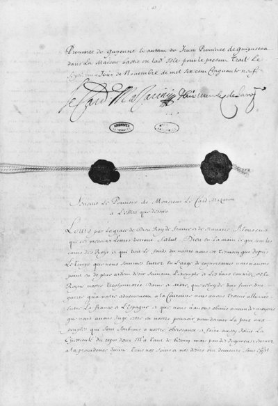 Der Vertrag der Pyrenäen, unterzeichnet von Kardinal Jules Mazarin und Don Luis Mendez de Haro, 7. November 1659 von French School