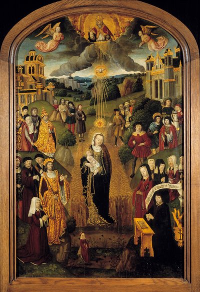Die Jungfrau mit Weizen König Ludwig XII. (1462-1515) und Papst Alexander VI. (1431-1503) sind anwesend. Allmächtiger Gott hält die Weltkugel und segnet die Szene, während der Heilige Geist die Jungfrau und das Kind beschützt von French School