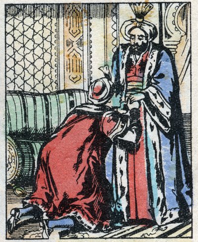 Der Sohn des Wesirs verzichtet auf die Heirat mit der Tochter des Sultans. Gravur der Geschichte aus Tausendundeine Nacht „Aladin und die Wunderlampe“. Epinal Imaging, Ende des 19. Jahrhunderts. Private Sammlung von French School