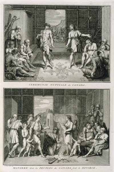 Die Hochzeitszeremonie und die Art der Scheidung in Kanada, Illustration aus Religiöse Zeremonien und Bräuche, graviert von Bernard Picart (1673-1733) 1723 von French School