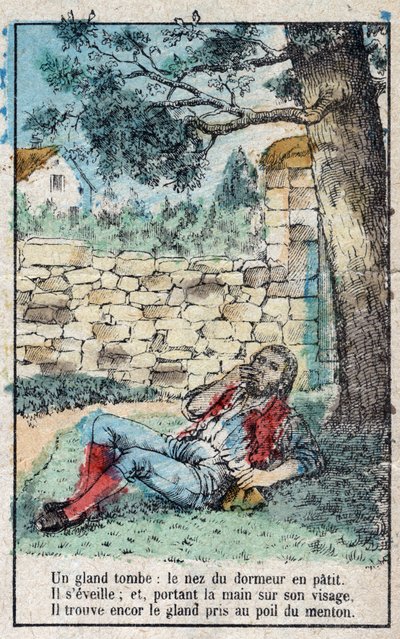 Die Eichel und der Kürbis. Fabeln von Jean de La Fontaine (1621-95). Epinal-Bild Ende des 19. Jahrhunderts. von French School