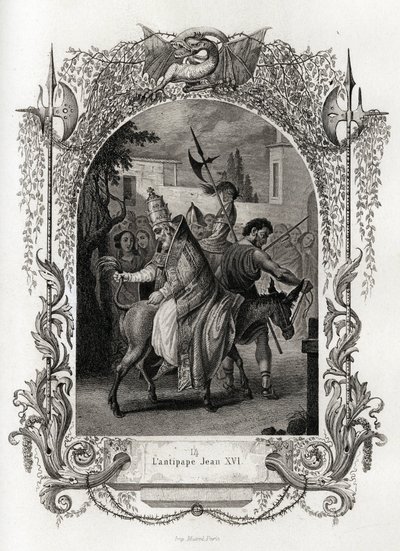 Der Gegenpapst Johannes XVI (997 bis 998). Gravur zur Illustration von Histoire des popes von Maurice Lachatre (1814-1900), librairie du progres, Paris von French School