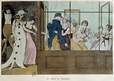 Der Terminladen: das Serail im Laden Ein Bordell im Palais Royal in Paris. Lithographie aus dem frühen 18. Jahrhundert Paris, dekorative Künste von French School