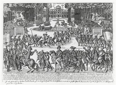 Die Ankunft von Mehmed Celebi Efendi, Botschafter von Sultan Ahmed III. der Türkei, in den Tuilerien, um von Ludwig XV. im Jahr 1721 empfangen zu werden (Stich) von French School