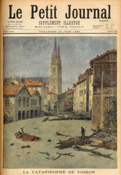 Die Katastrophe (Überschwemmung) des Dorfes Voiron (Isère) Frankreich in „Le Petit Journal“, 20. Juni 1897 (Gravur) von French School