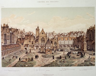 Die Kirche und der Friedhof der Unschuldigen im Jahr 1550 - in „Paris a travers les ages“, späte 19. Jahrhundert von French School