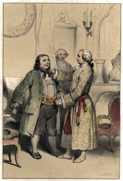 Der Komponist Joseph Haydn empfängt einen Mann, der ihn bittet, ein Menuett für die Hochzeit seiner Tochter zu komponieren. Platte aus „Scenes de la vie des hommes famous“ Gravur in zwei Farben von Valerio. 1843 von French School