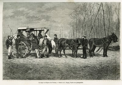 Der Kurs oder die Diligence auf dem Pferd der Prärien, Zeichnung von A. Dupuis zur Illustration der Geschichte eines Ausflugs nach Kanada und zum nördlichen Roten Fluss im Jahr 1873 von H. de Lamotte. Gravur in Le Tour du monde von French School