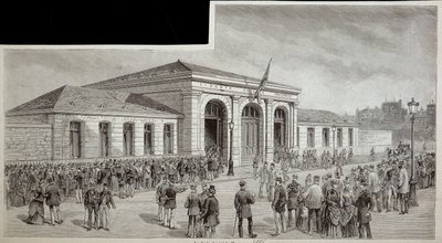 Die Menge vor der Leichenhalle in Paris im Jahr 1886 von French School