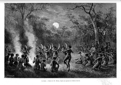 Der Tanz des Bumerangs um das Feuer bei den Aborigines von Australien - in "Tour du Monde" von French School