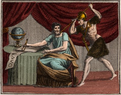 Der Tod des Archimedes während der Eroberung von Syrakus, Sizilien, durch römische Soldaten im Jahr 212 v. Chr. von French School