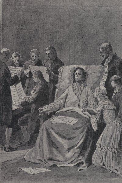Der sterbende Wolfgang Amadeus Mozart hört seinen Freunden zu, die seine Kantate 